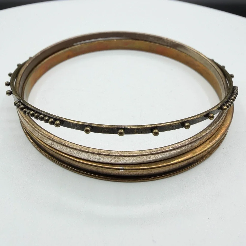 Brass Tone Multi Band Bangle Bracelet Beaded Dot Boho Tribal Statement Jewelry